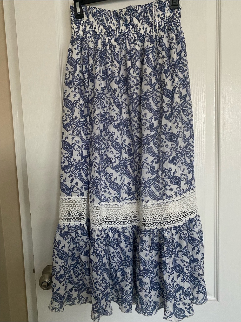 Blue and White Paisley Maxi Skirt with Lace Trim